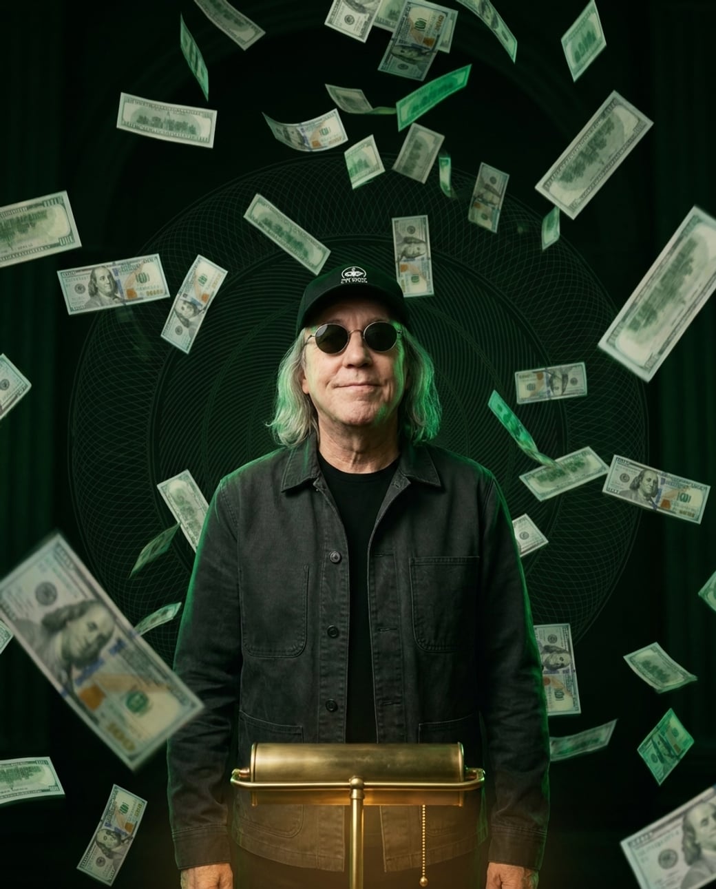 Franklin standing calmly as hundred-dollar bills fall around him
