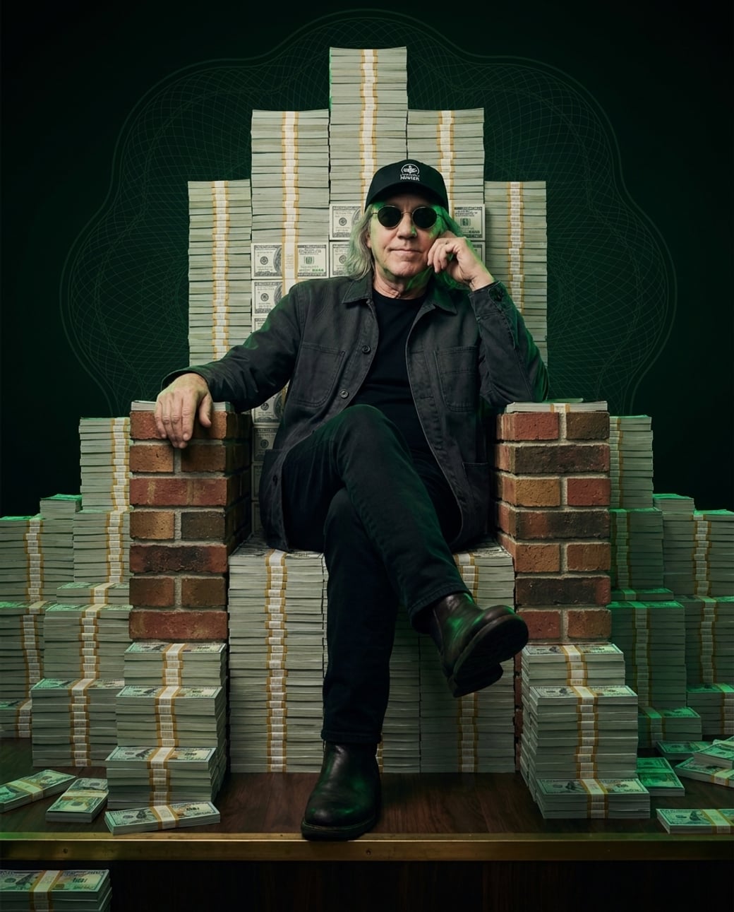 Franklin seated on a throne built from stacks of money